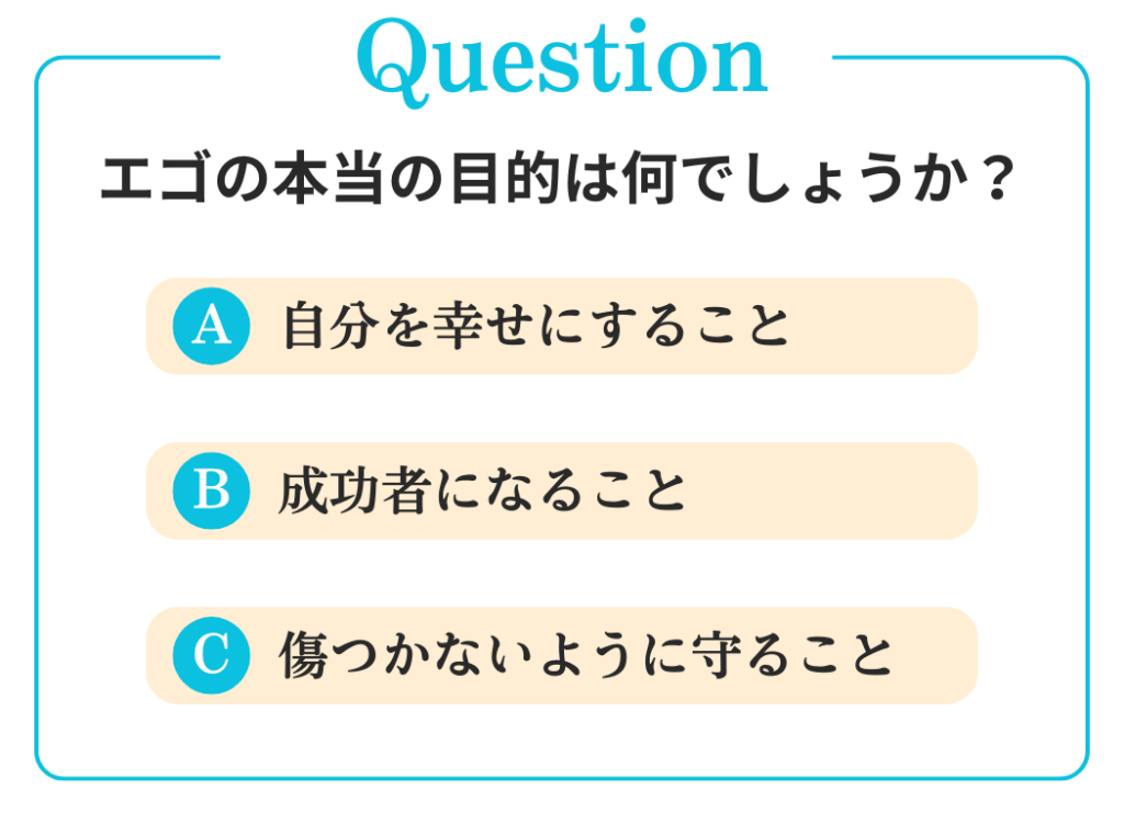 Q. エゴの本当の目的は何でしょうか？

A. 自分を幸せにすること
B. 成功者になること
C. 傷つかないように守ること