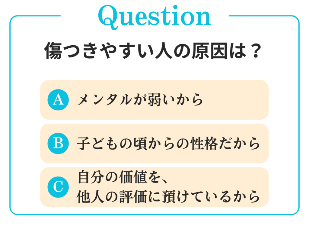 Q. 傷つきやすい人の原因は？

A. メンタルが弱いから
B. 子どもの頃からの性格だから
C. 自分の価値を、他人の評価に預けているから