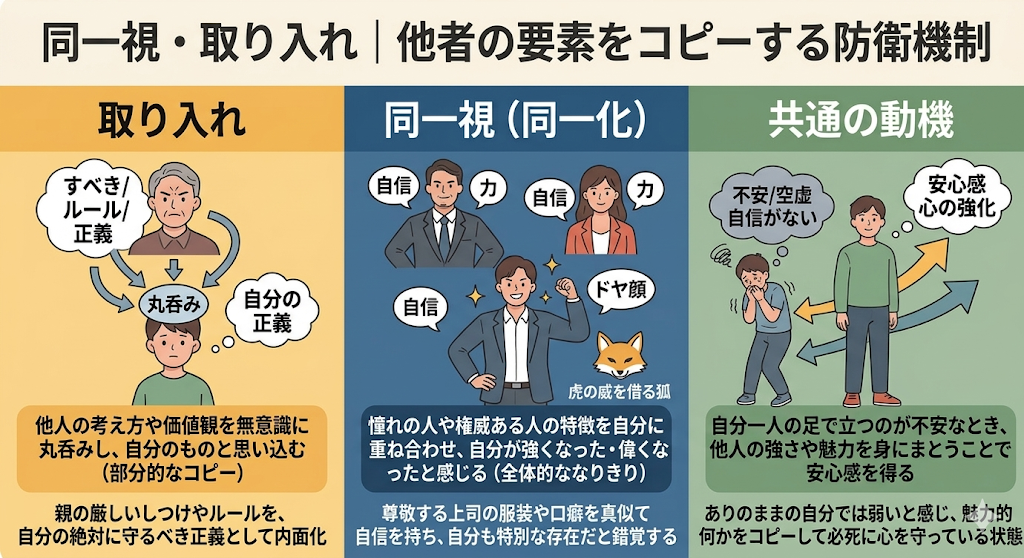 同一視（同一化）・取り入れ｜他者の要素を自分にコピーして安心する防衛機制