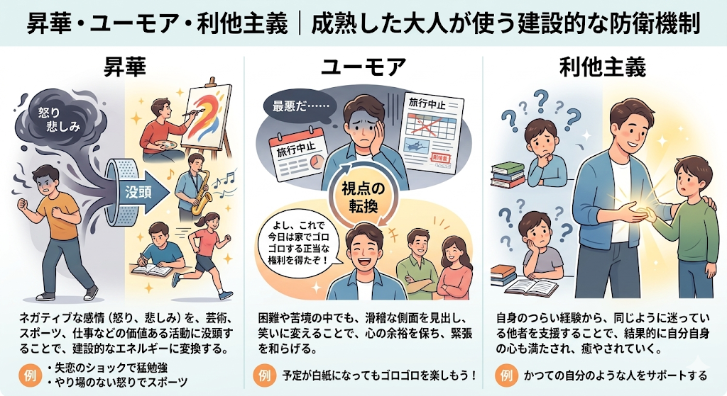 昇華・ユーモア・利他主義｜成熟した大人が使う建設的な防衛機制